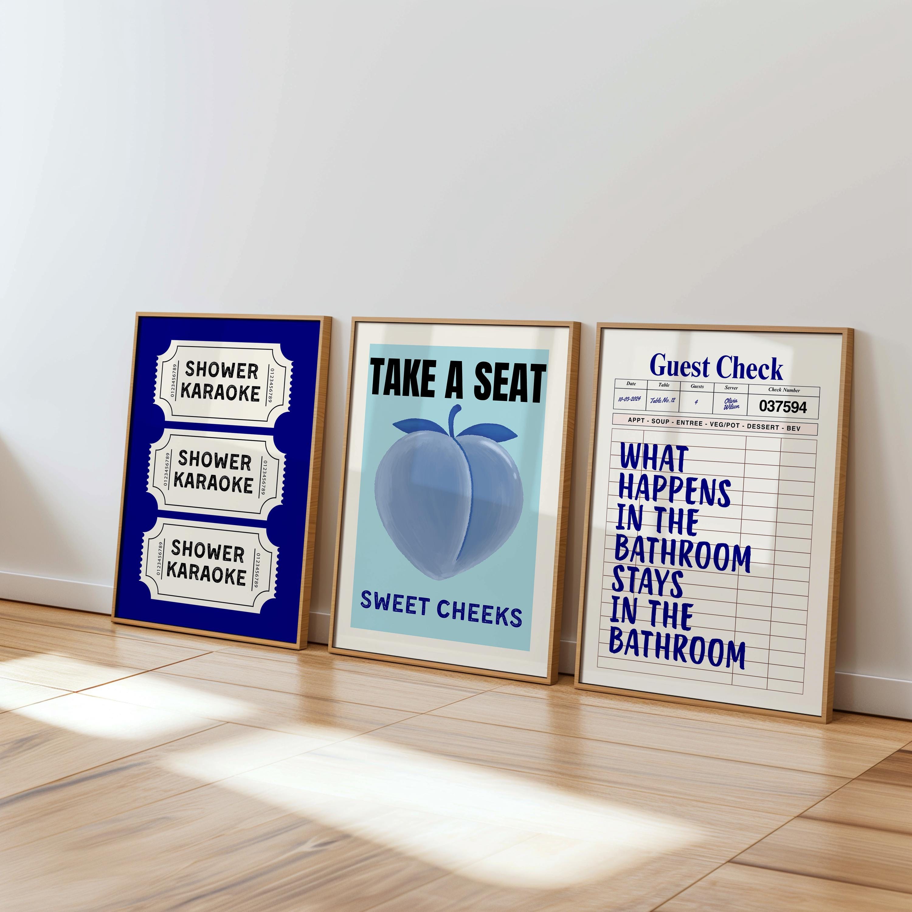 Funny Blue Bathroom Set of 3 Prints Ticket Bathroom Wall Art Trendy Bathroom Prints Sweet Cheeks Poster Bathroom Wall Art Nice Bum DIGITAL