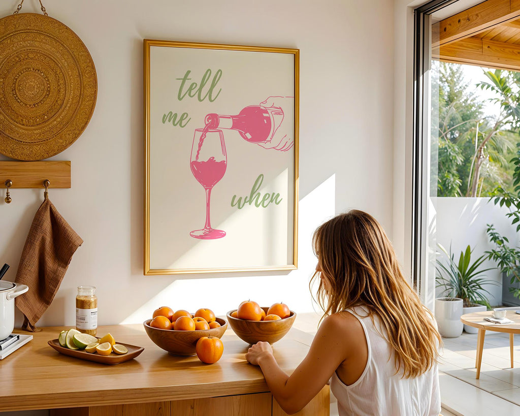 Tell Me When Retro Print, Kitchen Decor, Wine Lover Gift, Retro Bar Cart Print, Dining Room Wall Decor, Pink & Green Trendy Wall Art DIGITAL