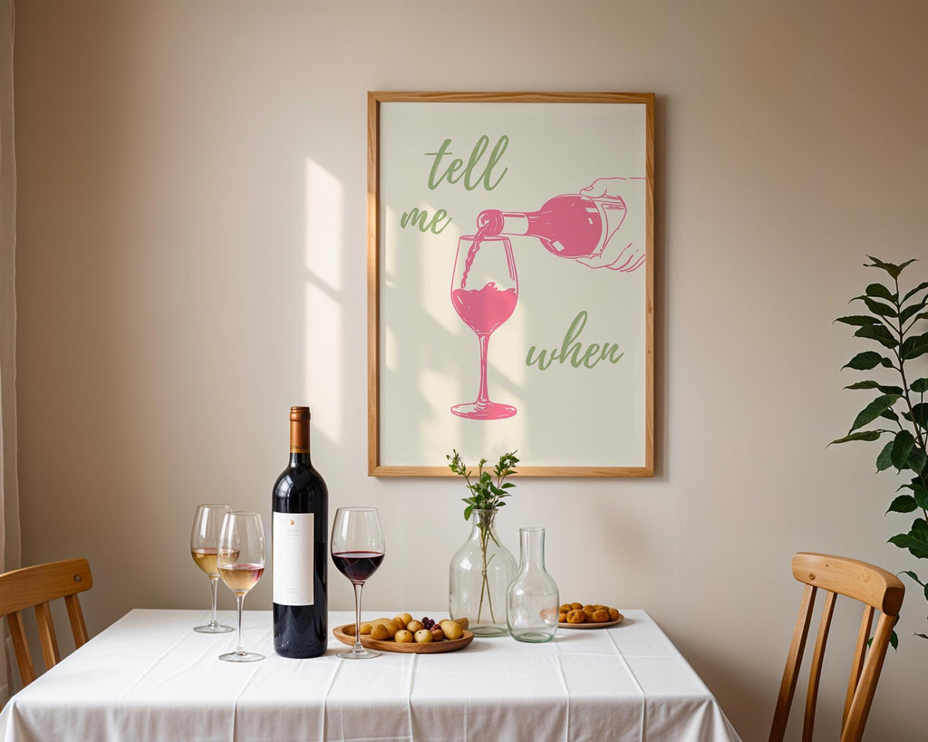 Tell Me When Retro Print, Kitchen Decor, Wine Lover Gift, Retro Bar Cart Print, Dining Room Wall Decor, Pink & Green Trendy Wall Art DIGITAL