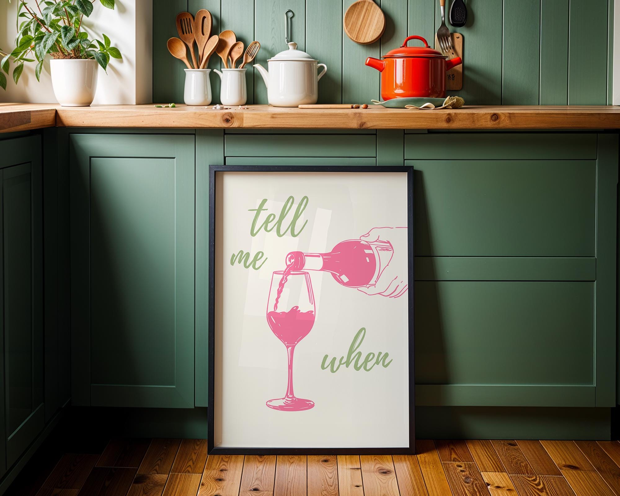 Tell Me When Retro Print, Kitchen Decor, Wine Lover Gift, Retro Bar Cart Print, Dining Room Wall Decor, Pink & Green Trendy Wall Art DIGITAL
