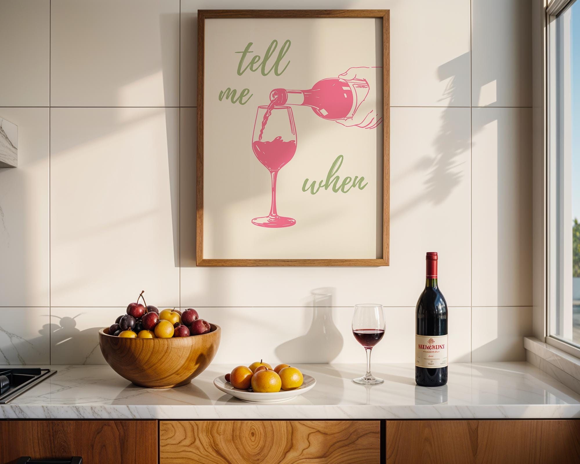 Tell Me When Retro Print, Kitchen Decor, Wine Lover Gift, Retro Bar Cart Print, Dining Room Wall Decor, Pink & Green Trendy Wall Art DIGITAL