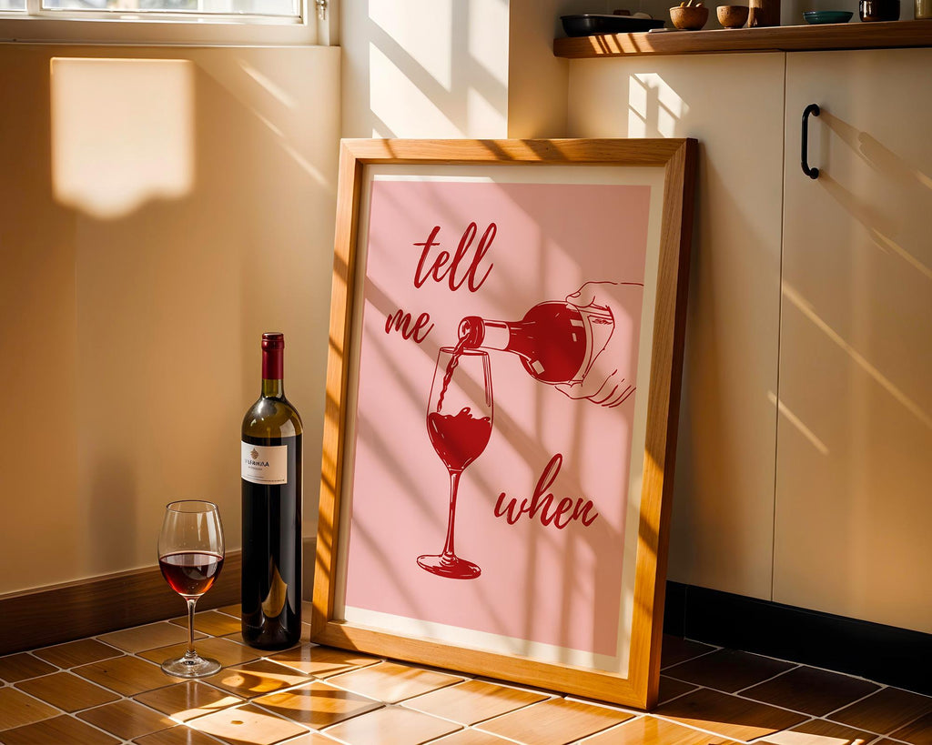 Tell Me When Retro Print, Kitchen Decor, Wine Lover Gift, Retro Bar Cart Print, Dining Room Wall Decor, Pink & Red Trendy Wall Art DIGITAL