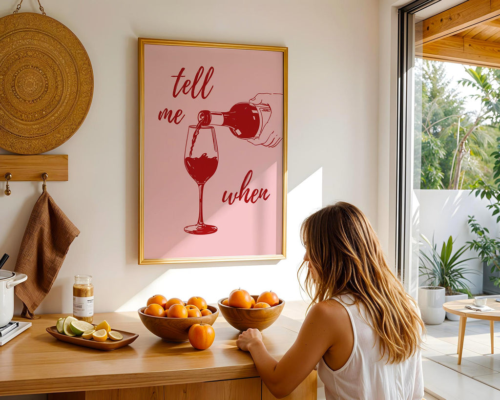 Tell Me When Retro Print, Kitchen Decor, Wine Lover Gift, Retro Bar Cart Print, Dining Room Wall Decor, Pink & Red Trendy Wall Art DIGITAL