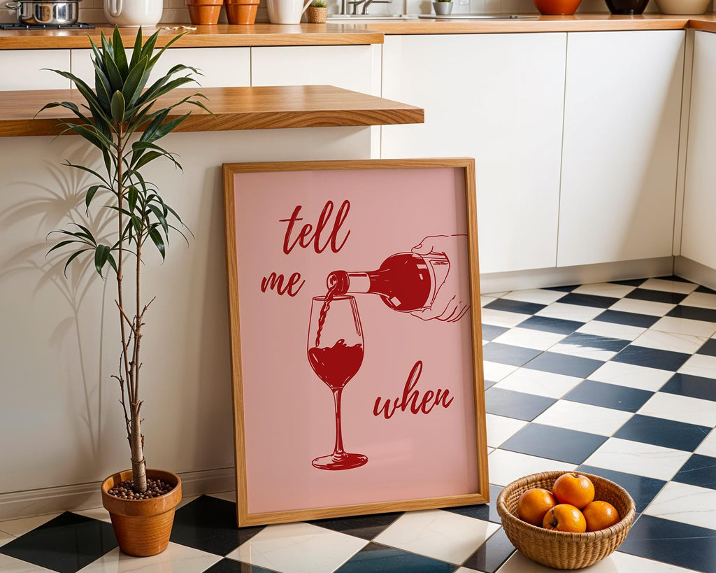 Tell Me When Retro Print, Kitchen Decor, Wine Lover Gift, Retro Bar Cart Print, Dining Room Wall Decor, Pink & Red Trendy Wall Art DIGITAL