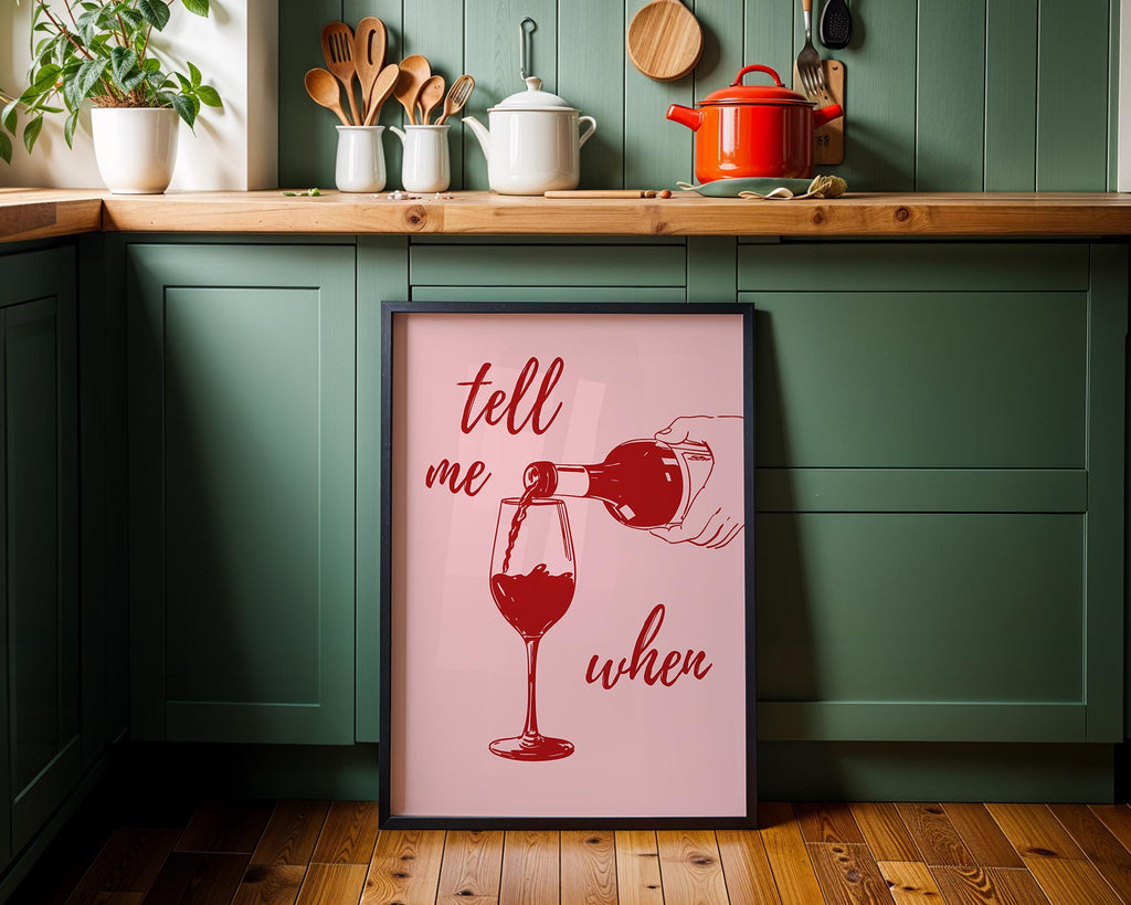 Tell Me When Retro Print, Kitchen Decor, Wine Lover Gift, Retro Bar Cart Print, Dining Room Wall Decor, Pink & Red Trendy Wall Art DIGITAL