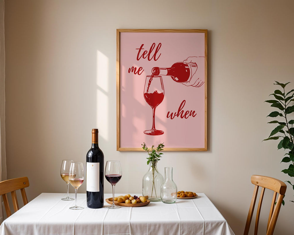 Tell Me When Retro Print, Kitchen Decor, Wine Lover Gift, Retro Bar Cart Print, Dining Room Wall Decor, Pink & Red Trendy Wall Art DIGITAL
