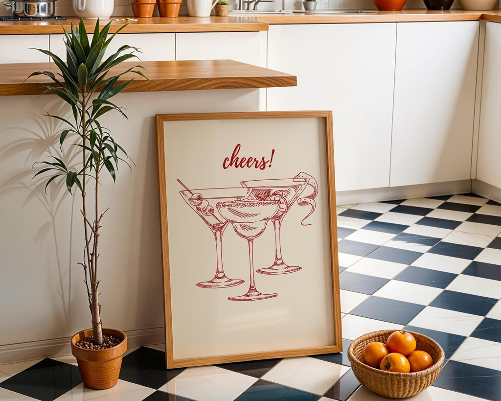 Cheers Print Red, Bar Cart Poster, Trendy Wall Art, Retro Kitchen Poster, Red Aesthetic Decor Cocktail Wall Preppy Drink Print DIGITAL PRINT