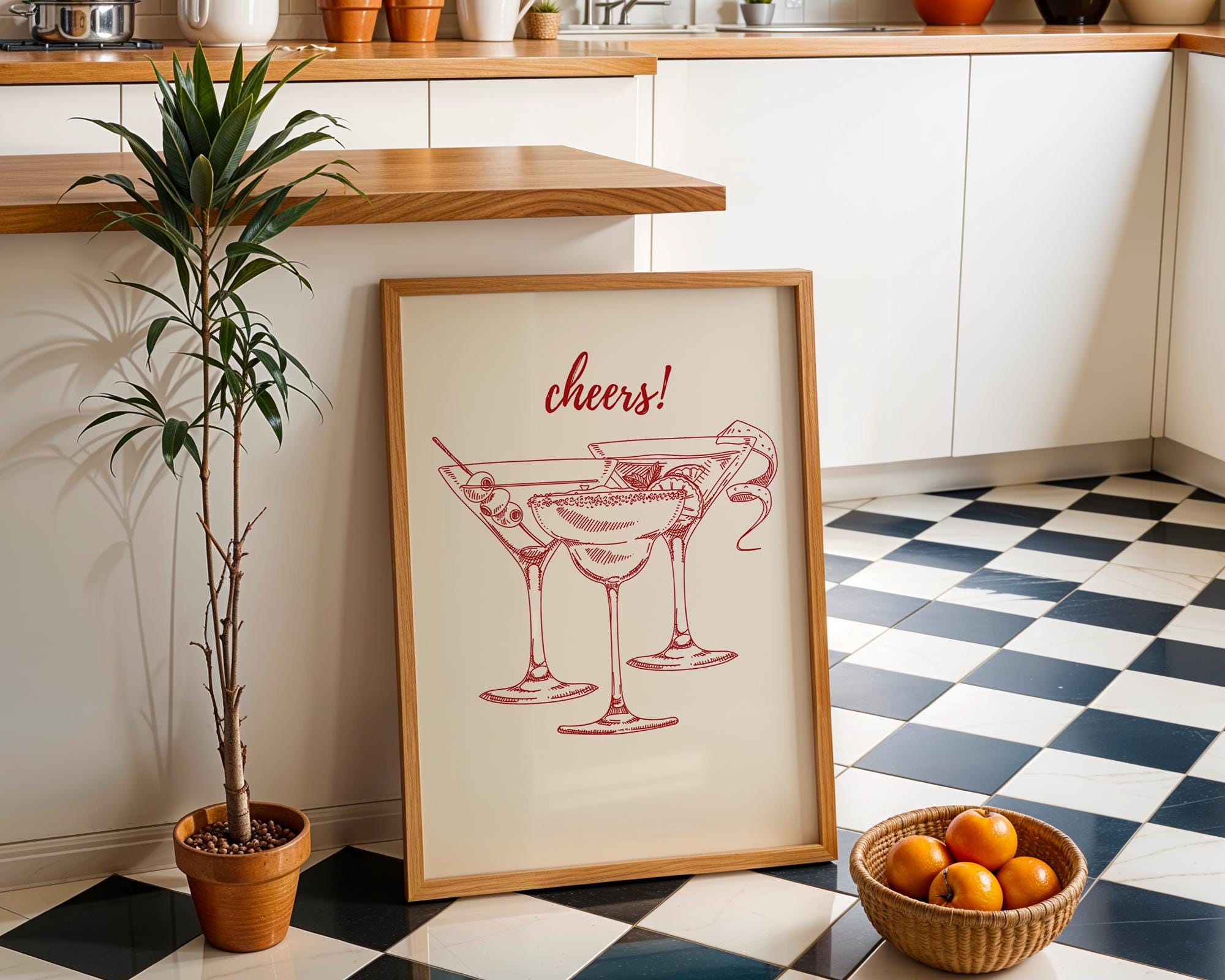 Cheers Print Red, Bar Cart Poster, Trendy Wall Art, Retro Kitchen Poster, Red Aesthetic Decor Cocktail Wall Preppy Drink Print DIGITAL PRINT