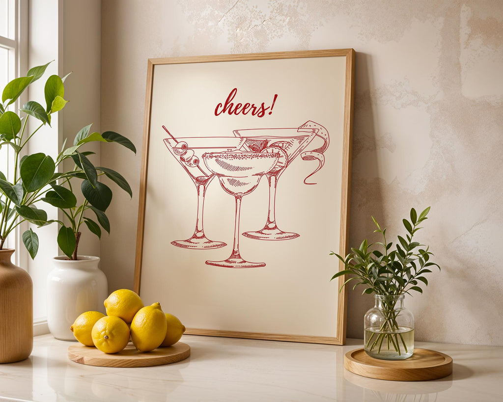 Cheers Print Red, Bar Cart Poster, Trendy Wall Art, Retro Kitchen Poster, Red Aesthetic Decor Cocktail Wall Preppy Drink Print DIGITAL PRINT