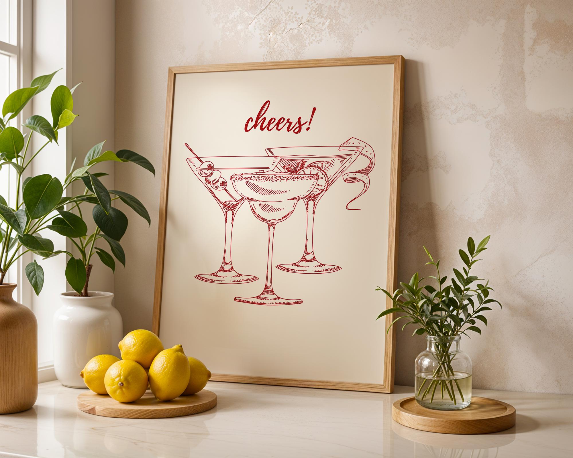 Cheers Print Red, Bar Cart Poster, Trendy Wall Art, Retro Kitchen Poster, Red Aesthetic Decor Cocktail Wall Preppy Drink Print DIGITAL PRINT