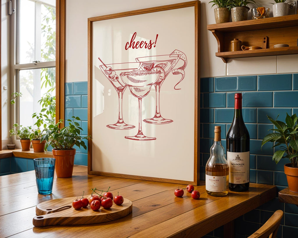 Cheers Print Red, Bar Cart Poster, Trendy Wall Art, Retro Kitchen Poster, Red Aesthetic Decor Cocktail Wall Preppy Drink Print DIGITAL PRINT