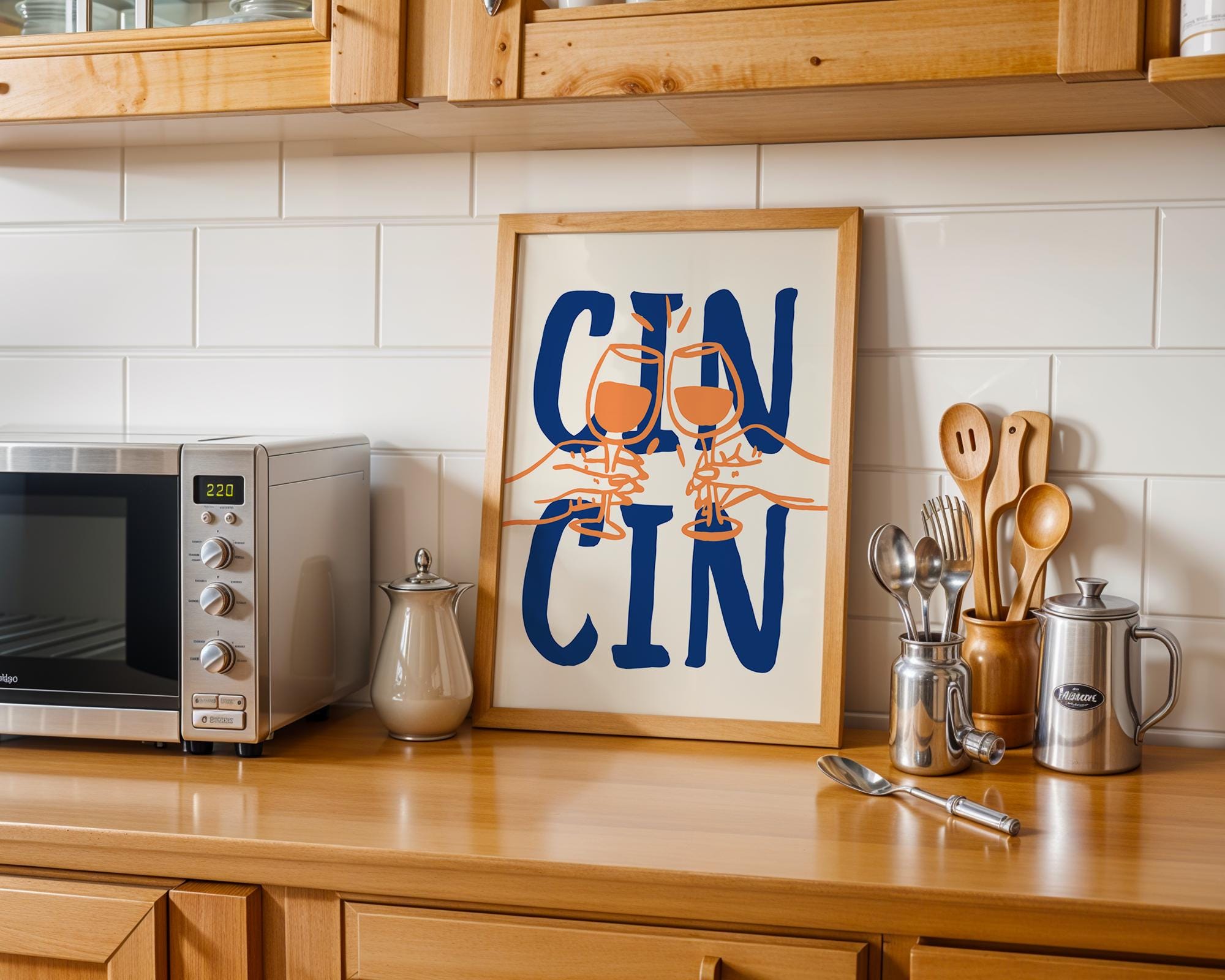 Cin Cin Print Trendy Printable Art, Wine Poster Blue & Orange Fun Wall Art, Aesthetic Room Decor Retro Wine Drawing, Bar Cart Print, DIGITAL
