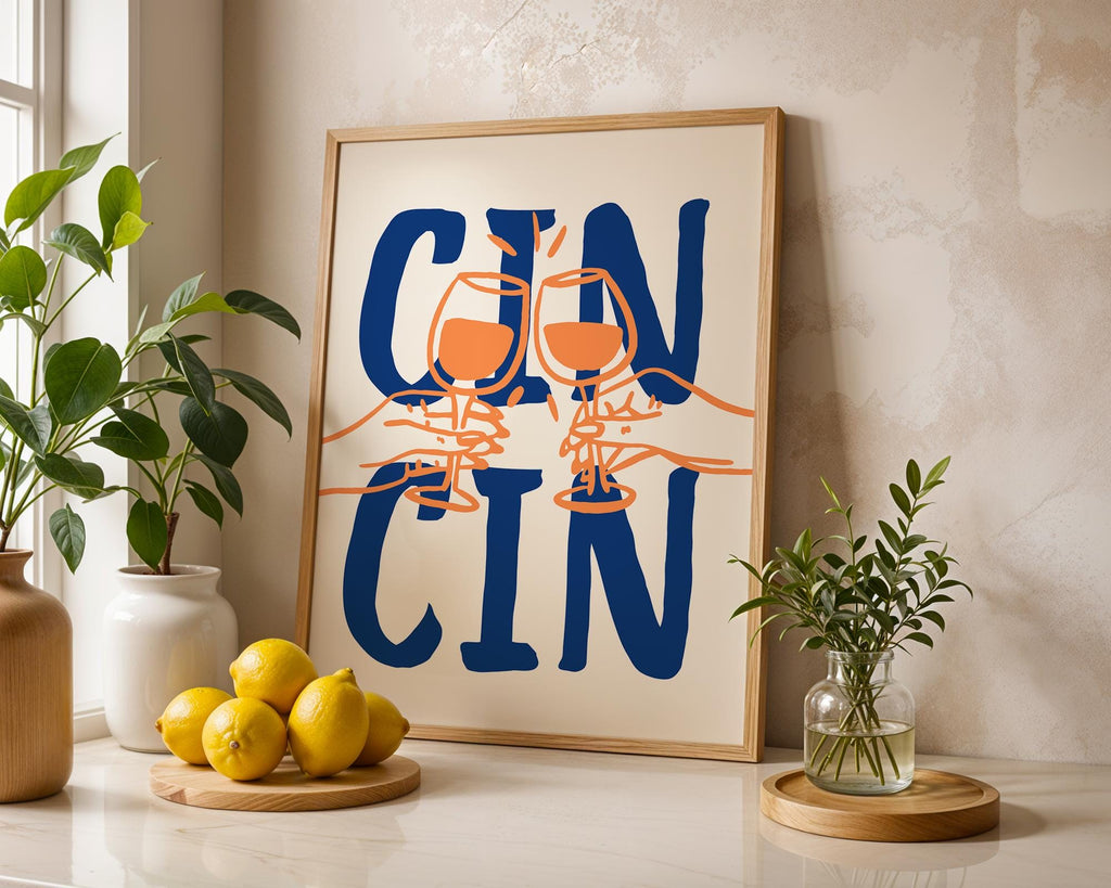 Cin Cin Print Trendy Printable Art, Wine Poster Blue & Orange Fun Wall Art, Aesthetic Room Decor Retro Wine Drawing, Bar Cart Print, DIGITAL