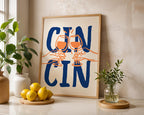 Cin Cin Print Trendy Printable Art, Wine Poster Blue & Orange Fun Wall Art, Aesthetic Room Decor Retro Wine Drawing, Bar Cart Print, DIGITAL