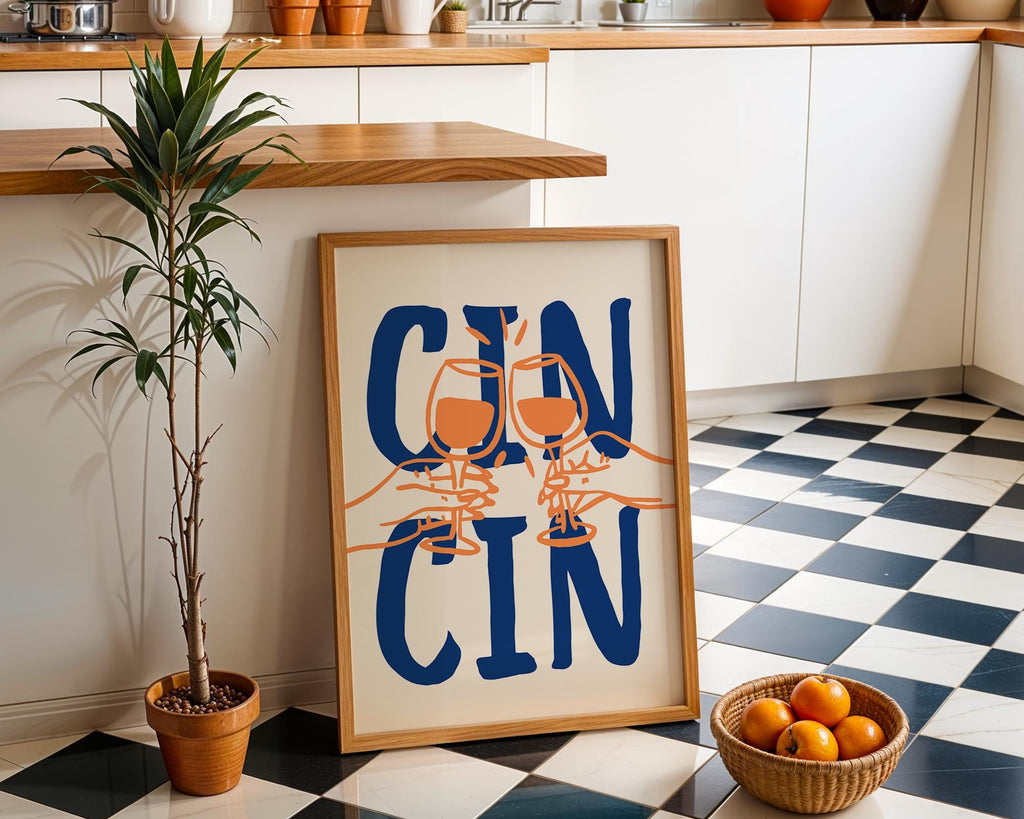 Cin Cin Print Trendy Printable Art, Wine Poster Blue & Orange Fun Wall Art, Aesthetic Room Decor Retro Wine Drawing, Bar Cart Print, DIGITAL
