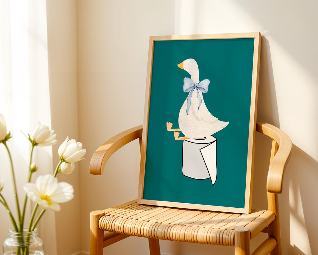 Funny Bathroom wall decor, Silly goose bathroom art print, toilet paper bathroom kids art, Green Nursery Decor, Toilet Art, Funny Art Print