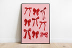 Trendy Red Bows Wall Art Set of 6, Deck Card Preppy poster College Apartment Decor, Watercolor Bows Print Coquette Room Decor Girly Wall Art
