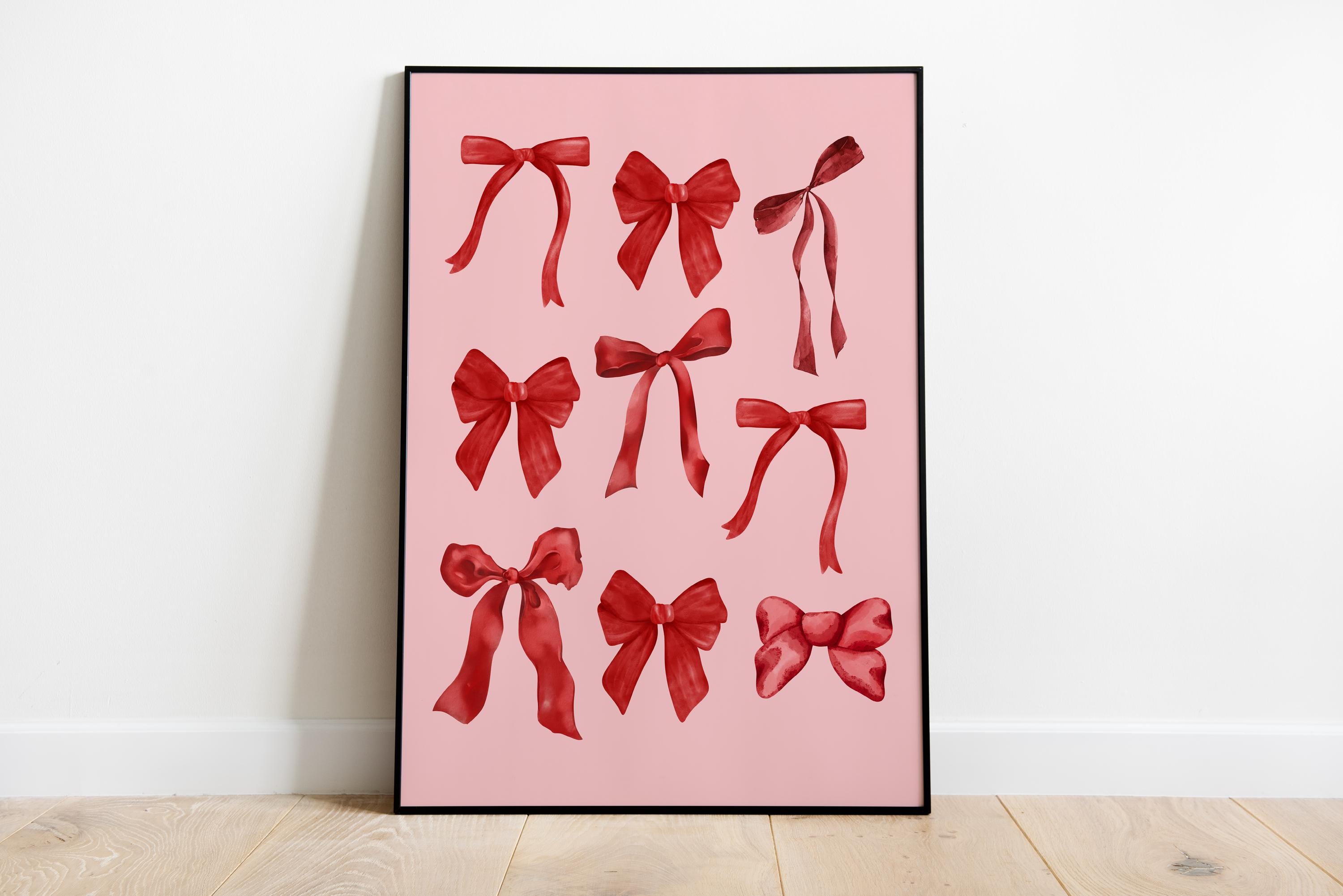 Trendy Red Bows Wall Art Set of 6, Deck Card Preppy poster College Apartment Decor, Watercolor Bows Print Coquette Room Decor Girly Wall Art