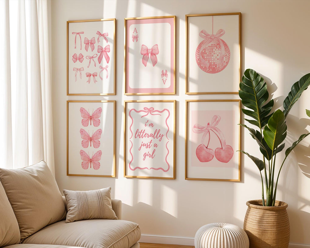 Trendy Pink Bows Wall Art Set of 6, Preppy poster College Apartment Decor, Watercolor Bows Print, Coquette Room Decor Girly Wall Art DIGITAL