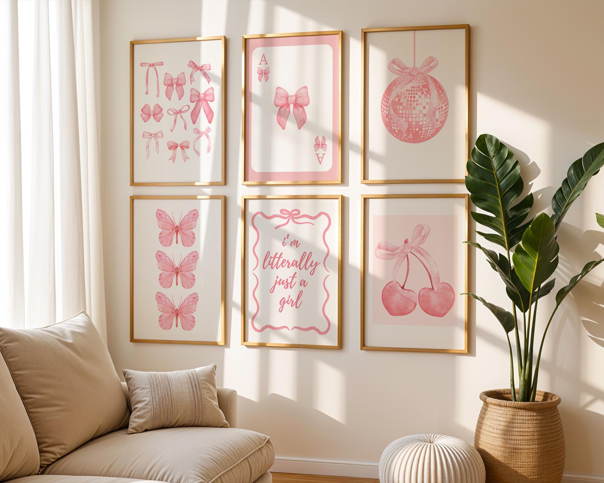 Trendy Pink Bows Wall Art Set of 6, Preppy poster College Apartment Decor, Watercolor Bows Print, Coquette Room Decor Girly Wall Art DIGITAL
