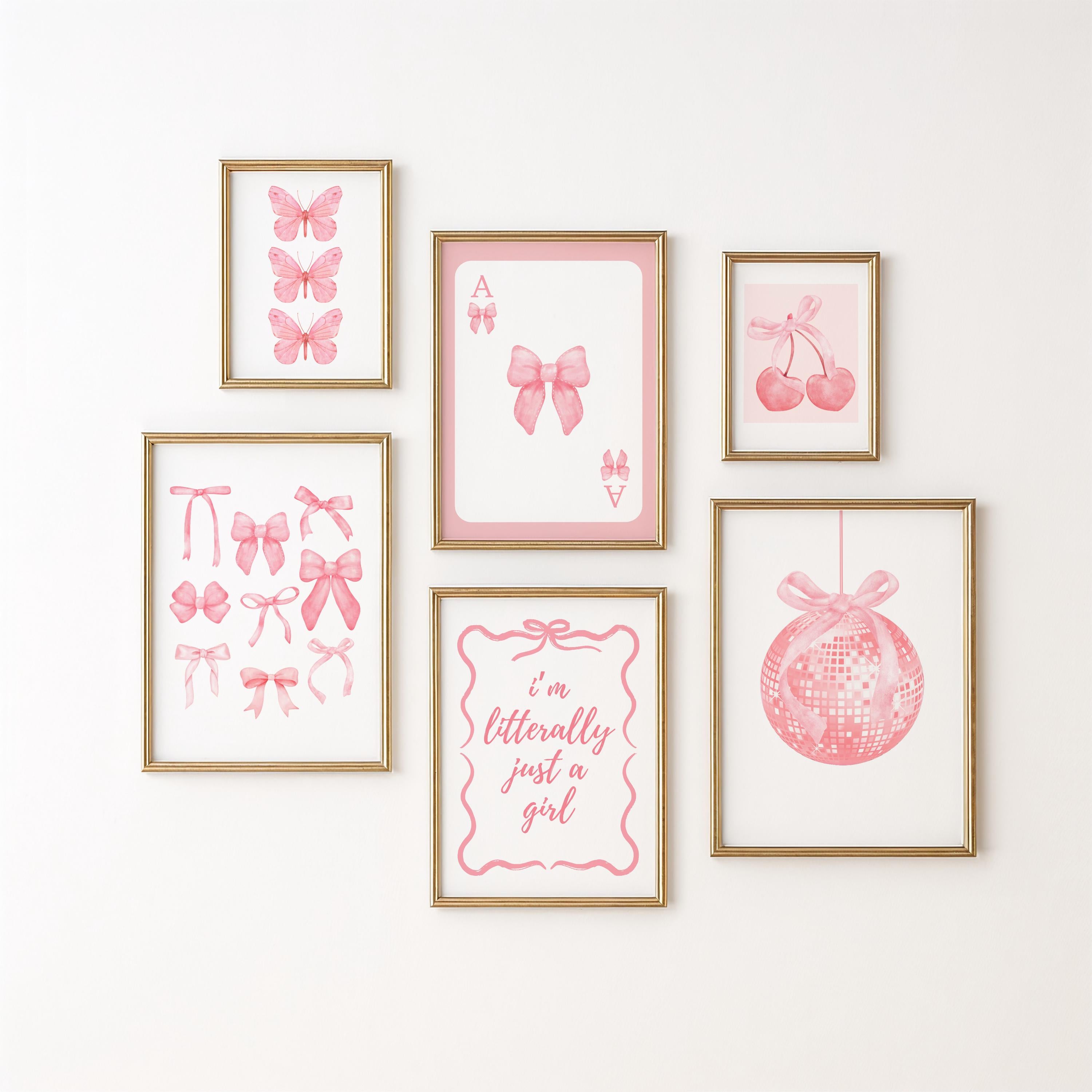 Trendy Pink Bows Wall Art Set of 6, Preppy poster College Apartment Decor, Watercolor Bows Print, Coquette Room Decor Girly Wall Art DIGITAL