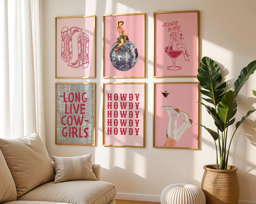 Cowgirl Print Set of 6, Retro Disco Cowgirl Western Gallery Wall Print, Pink Red Trendy Western Digital Prints, Dorm Room College, DIGITAL