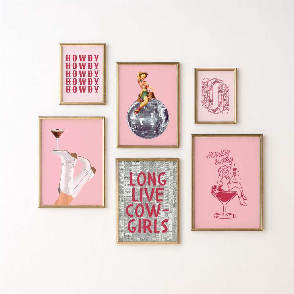 Cowgirl Print Set of 6, Retro Disco Cowgirl Western Gallery Wall Print, Pink Red Trendy Western Digital Prints, Dorm Room College, DIGITAL