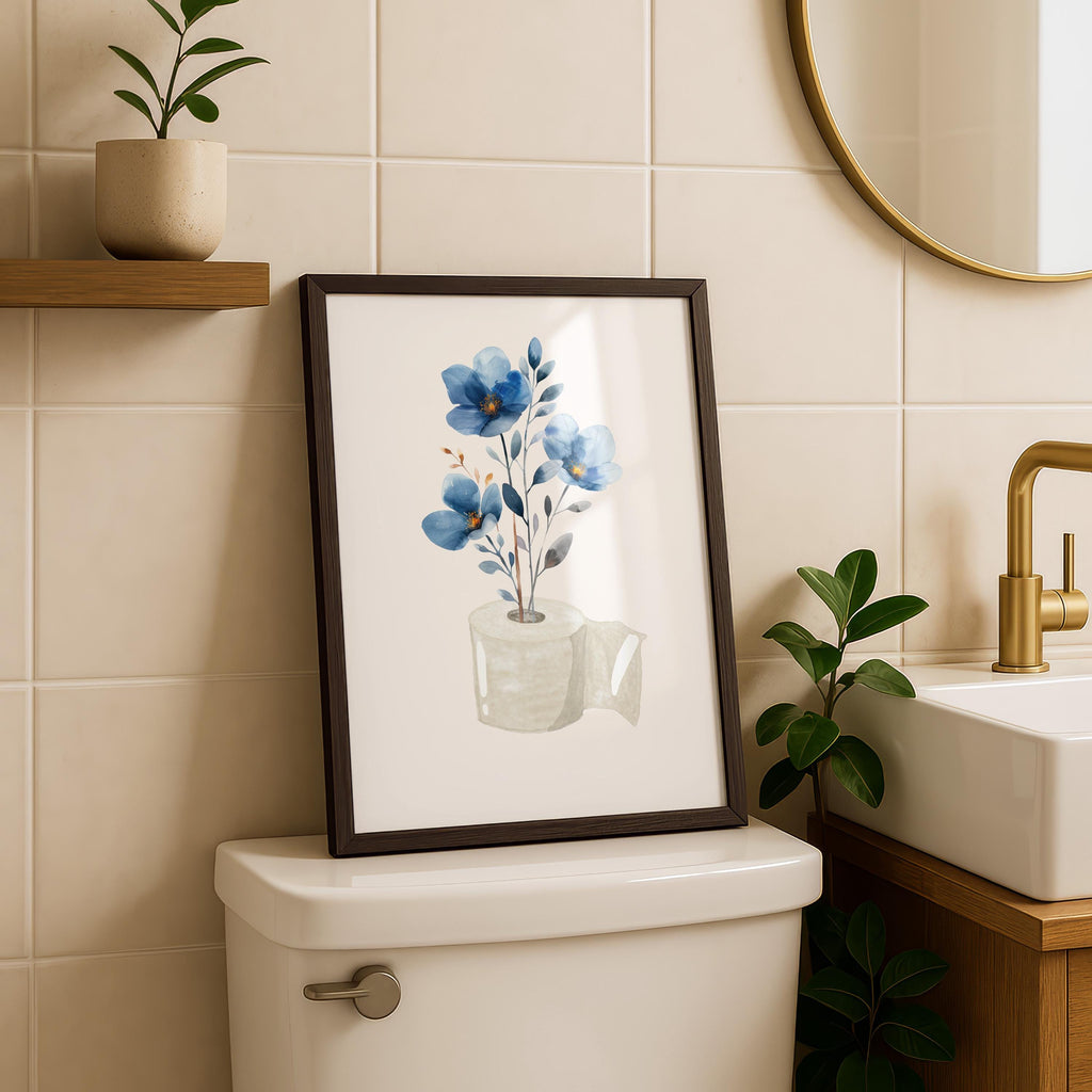 Blue Toilet Paper Roll Plant Print, Funny Bathroom Wall Art, Blue Watercolor Art, Botanical Print Minimalist Wall Art, Toilet Print, DIGITAL