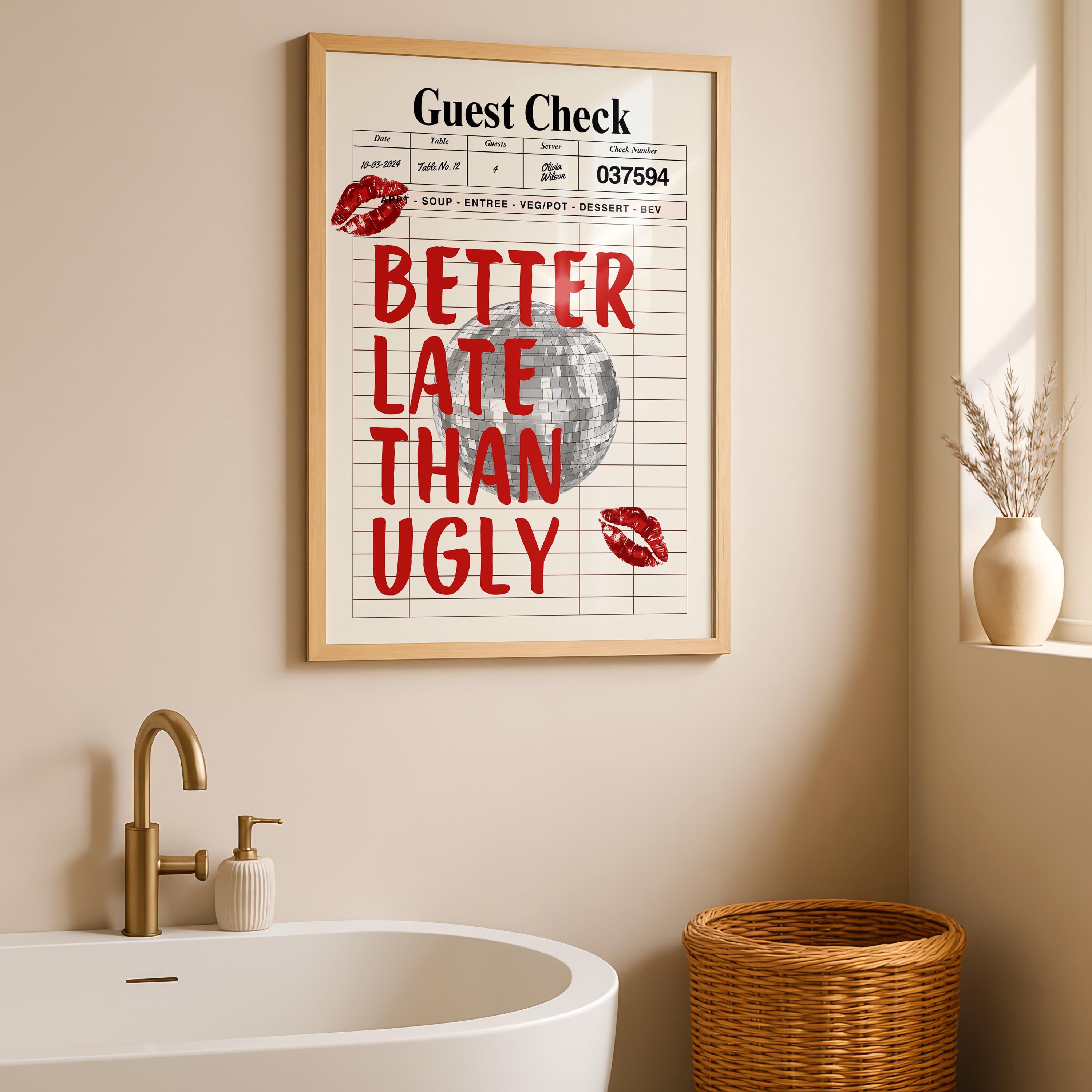 Better Late Than Ugly Red print Funky girly wall art Retro Guest Check print Trendy Preppy room decor Funny College Apartment decor DIGITAL