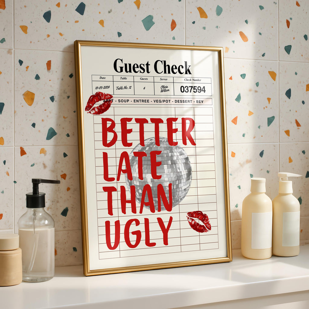 Better Late Than Ugly Red print Funky girly wall art Retro Guest Check print Trendy Preppy room decor Funny College Apartment decor DIGITAL