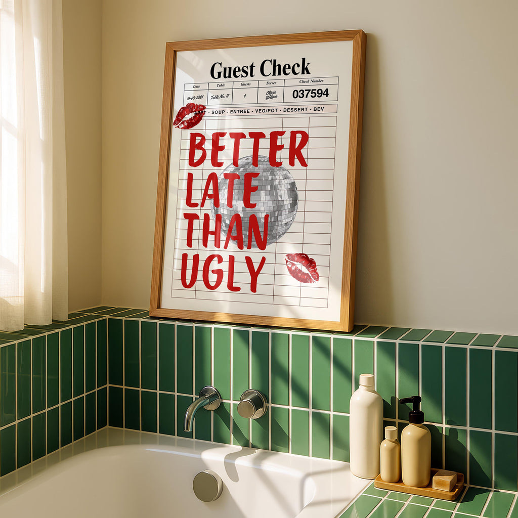 Better Late Than Ugly Red print Funky girly wall art Retro Guest Check print Trendy Preppy room decor Funny College Apartment decor DIGITAL