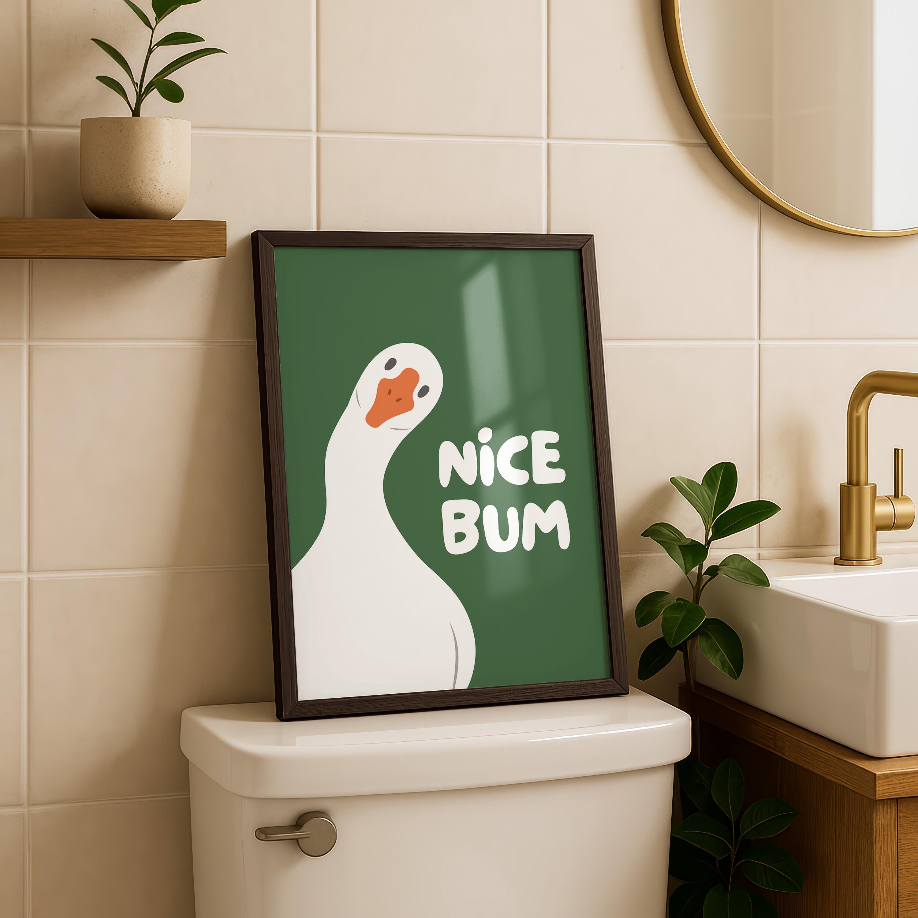 Nice Bum Goose Print, Funny Bathroom Wall Art, Cute Silly Goose Poster, Trendy Minimalist Green Decor, Quirky Bathroom Gift Idea, DIGITAL