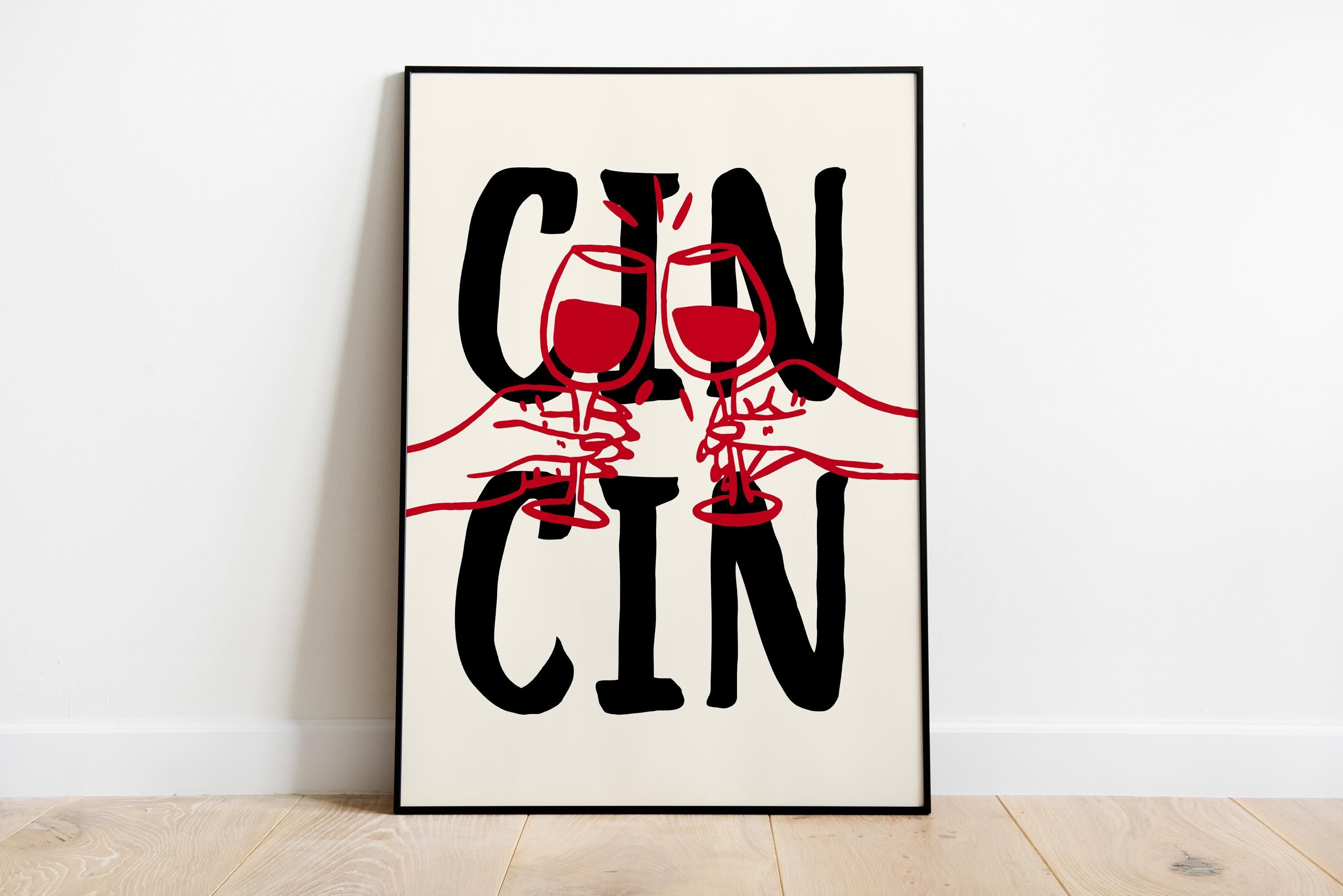 Trendy Cin Cin Cheers Print Set of 3, Retro Happy Hour Poster, Pasta Lovers Food Print, Black Bar Cart Art Print, Maximalist Kitchen Print