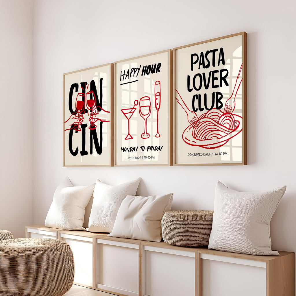 Trendy Cin Cin Cheers Print Set of 3, Retro Happy Hour Poster, Pasta Lovers Food Print, Black Bar Cart Art Print, Maximalist Kitchen Print
