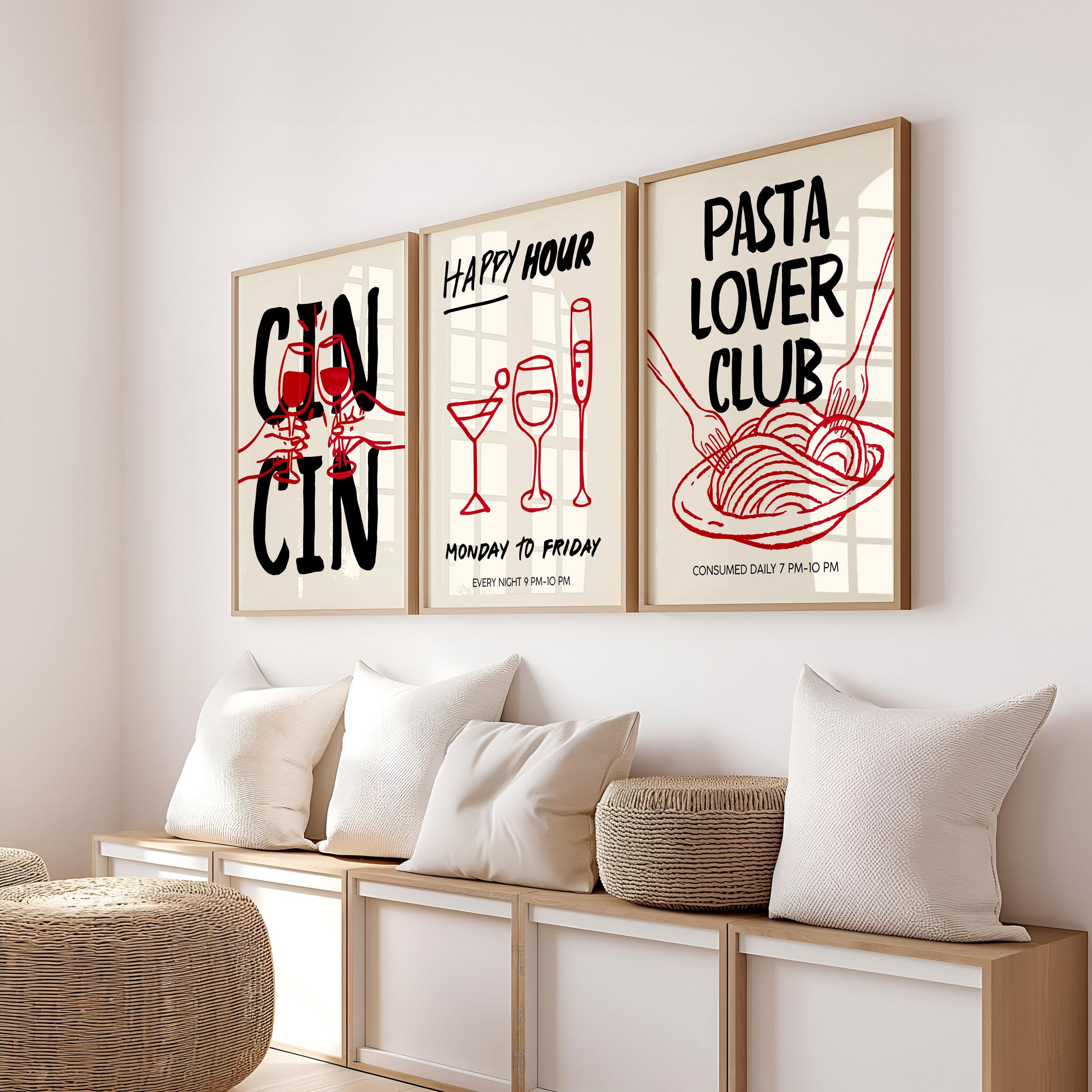 Trendy Cin Cin Cheers Print Set of 3, Retro Happy Hour Poster, Pasta Lovers Food Print, Black Bar Cart Art Print, Maximalist Kitchen Print