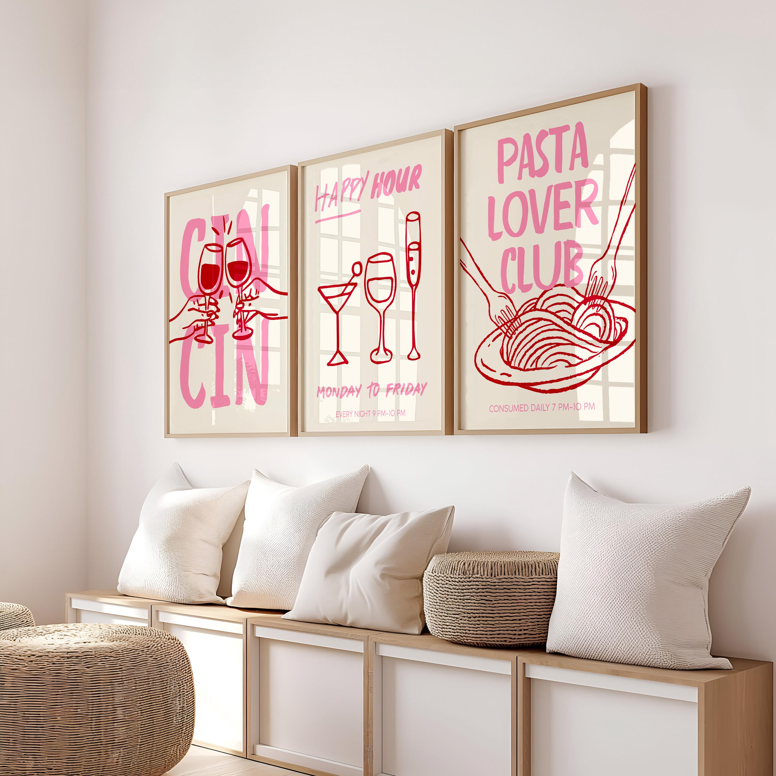 Cin Cin Cheers Wall Art Set of 3 Prints, Pink Happy Hour Cocktail Poster, Pasta Lover Club Italian Food Print, Modern Kitchen Decor DIGITAL
