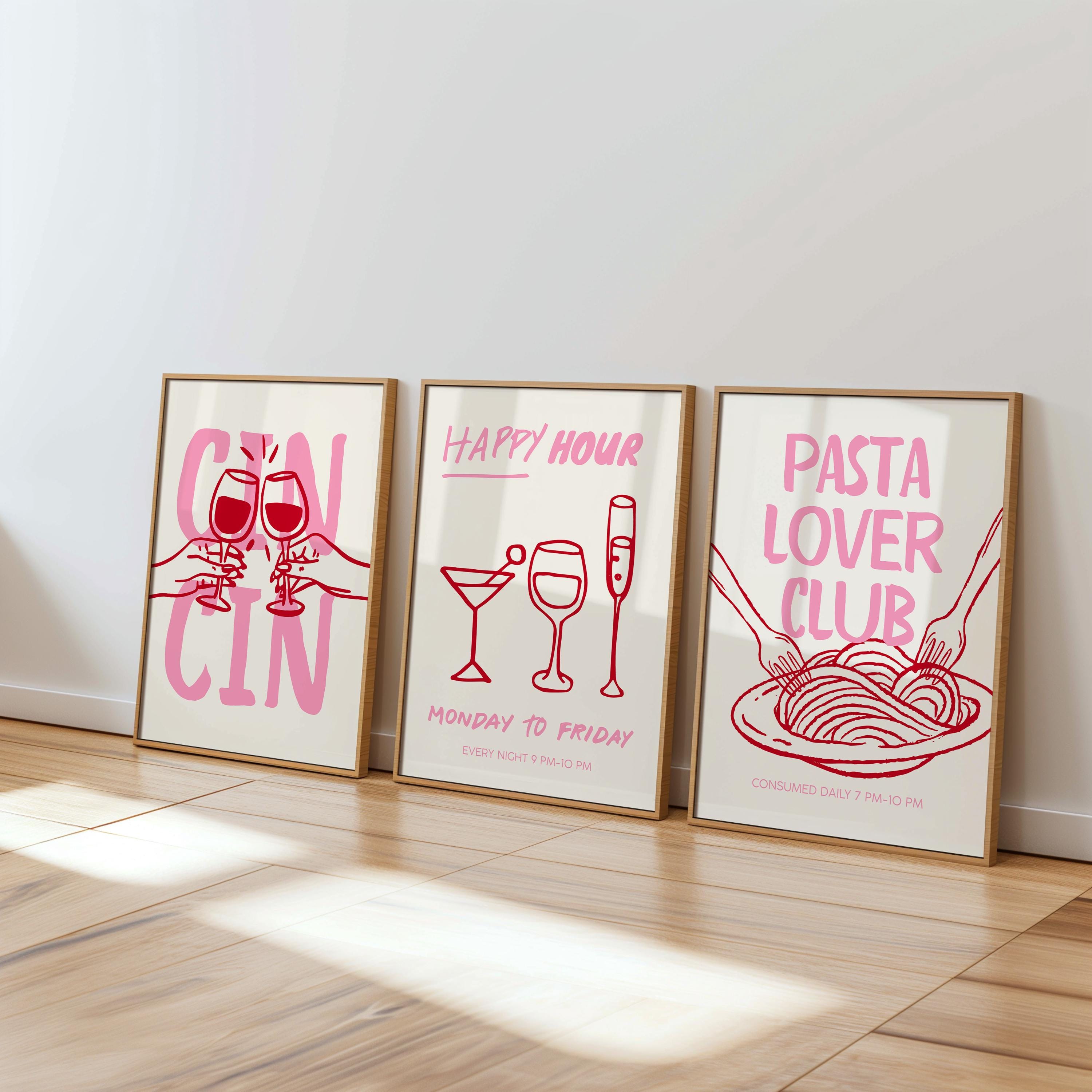 Cin Cin Cheers Wall Art Set of 3 Prints, Pink Happy Hour Cocktail Poster, Pasta Lover Club Italian Food Print, Modern Kitchen Decor DIGITAL