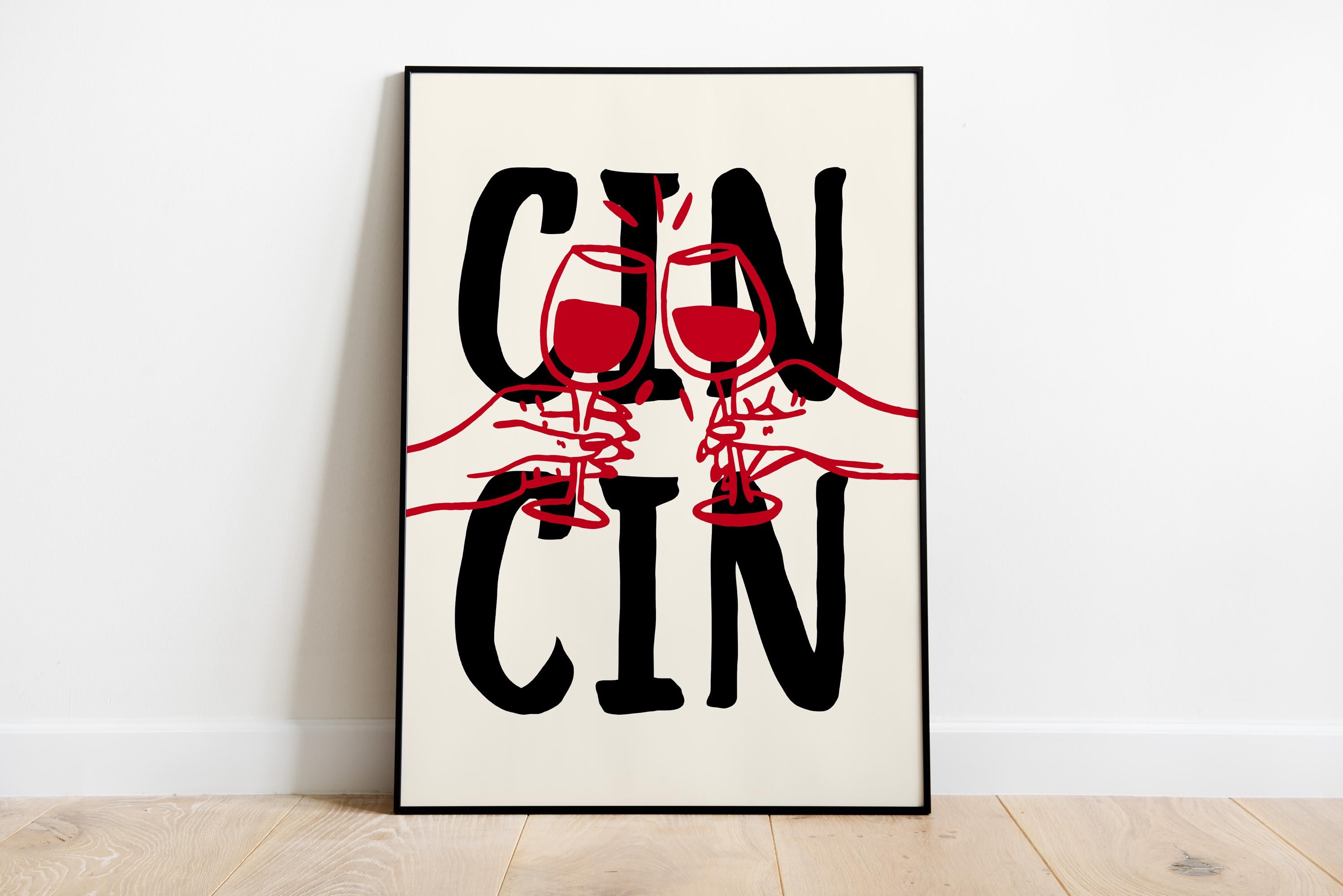 Cin Cin Print Trendy Printable Art, Wine Poster Black & Red Fun Wall Art, Aesthetic Room Decor Retro Wine Drawing, Bar Cart Print, DIGITAL