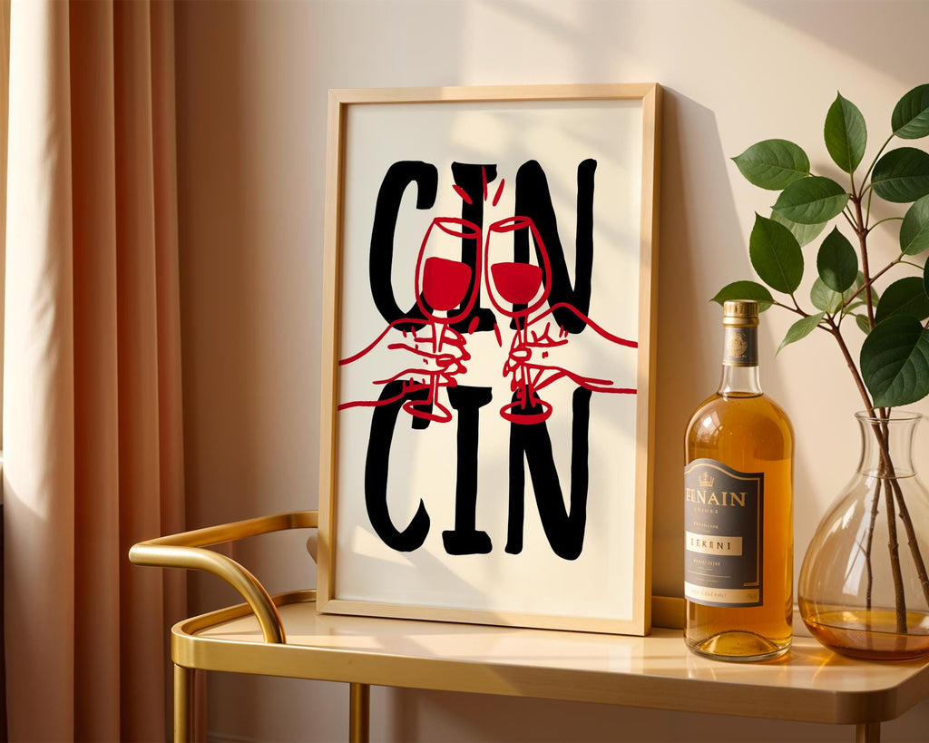 Cin Cin Print Trendy Printable Art, Wine Poster Black & Red Fun Wall Art, Aesthetic Room Decor Retro Wine Drawing, Bar Cart Print, DIGITAL