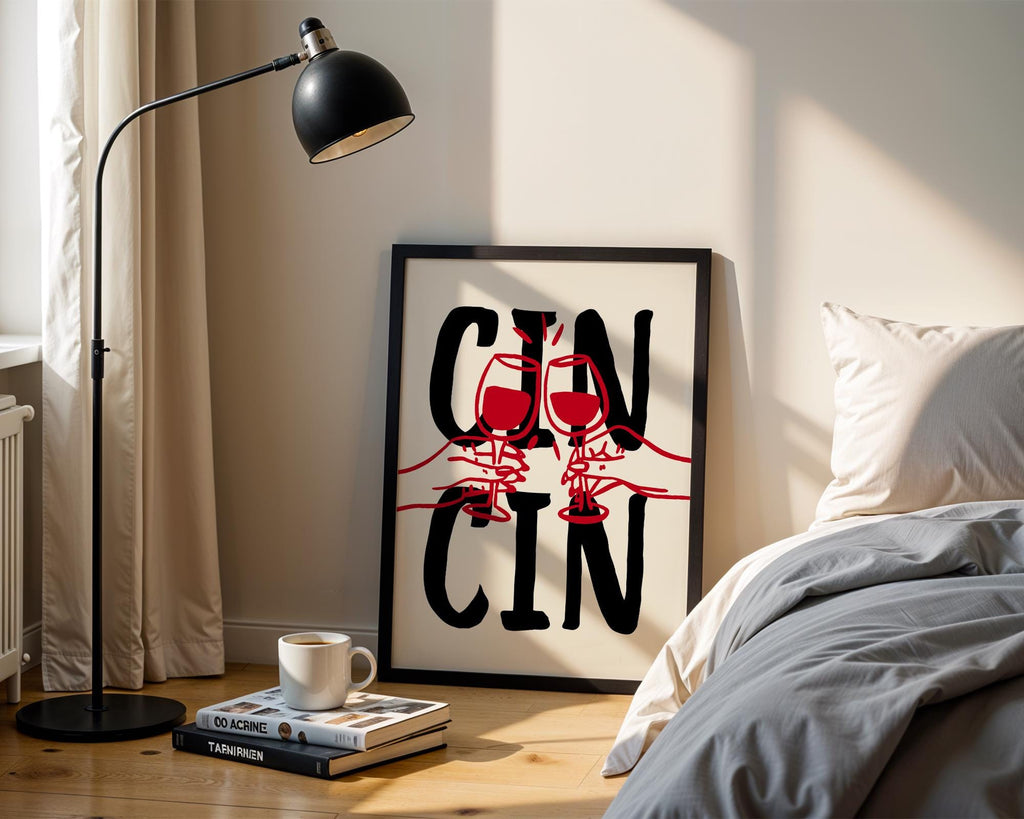 Cin Cin Print Trendy Printable Art, Wine Poster Black & Red Fun Wall Art, Aesthetic Room Decor Retro Wine Drawing, Bar Cart Print, DIGITAL