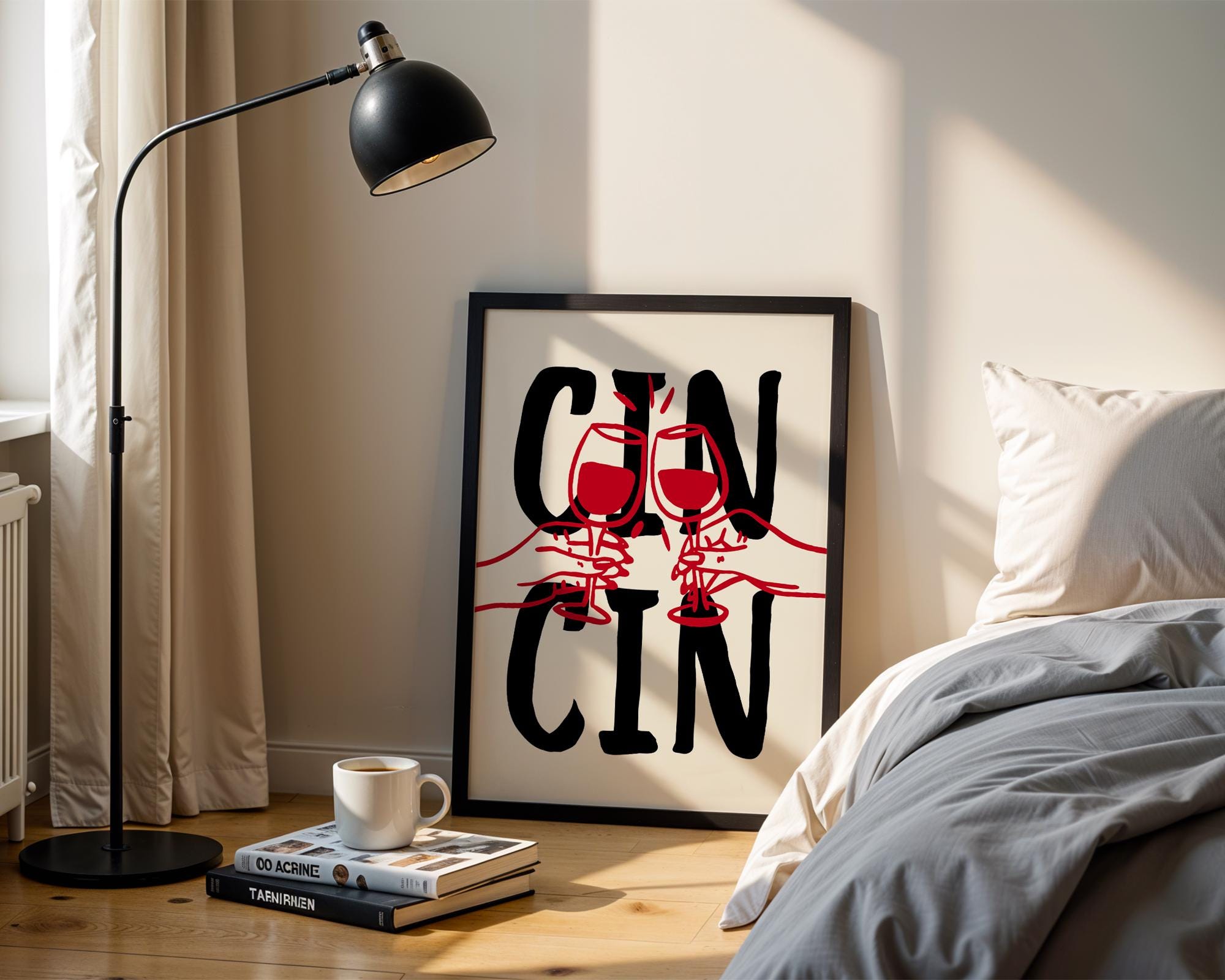 Cin Cin Print Trendy Printable Art, Wine Poster Black & Red Fun Wall Art, Aesthetic Room Decor Retro Wine Drawing, Bar Cart Print, DIGITAL