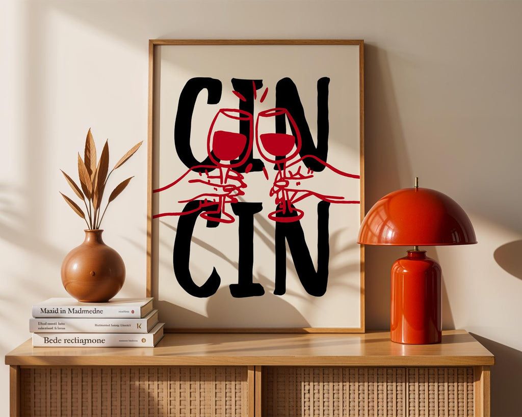 Cin Cin Print Trendy Printable Art, Wine Poster Black & Red Fun Wall Art, Aesthetic Room Decor Retro Wine Drawing, Bar Cart Print, DIGITAL