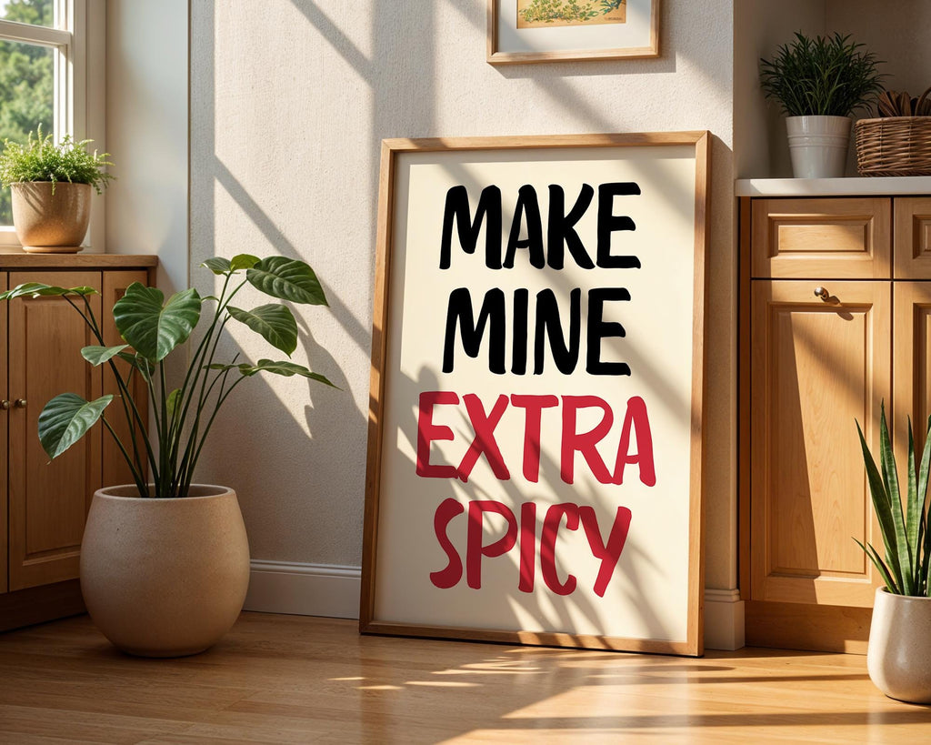 Make Mine Extra Spicy Print, Kitchen Wall Art Chili Pepper Poster, Trendy Retro Food Illustration Red Aesthetic Decor, Humor Quote Prints
