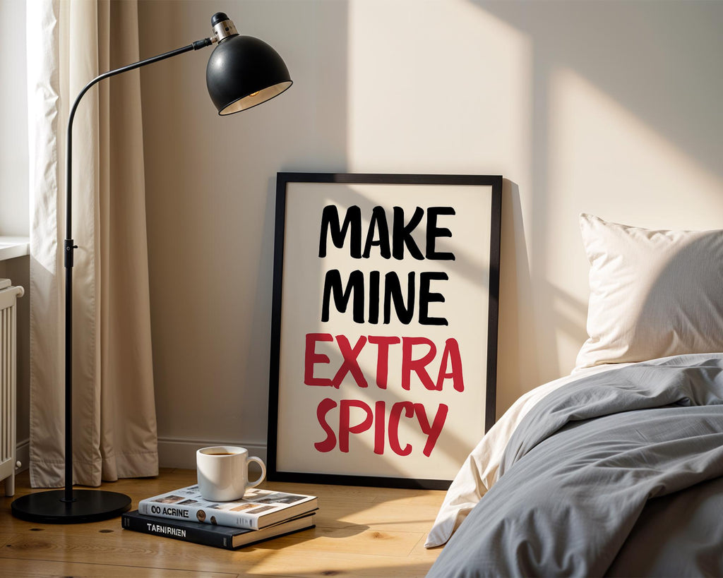 Make Mine Extra Spicy Print, Kitchen Wall Art Chili Pepper Poster, Trendy Retro Food Illustration Red Aesthetic Decor, Humor Quote Prints