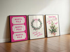 Pink Christmas North Pole Ticket Set of 3 Wall Art Trendy Poster Cute Girly Christmas Pink Guest Check Holiday Print Set Girly Winter Poster