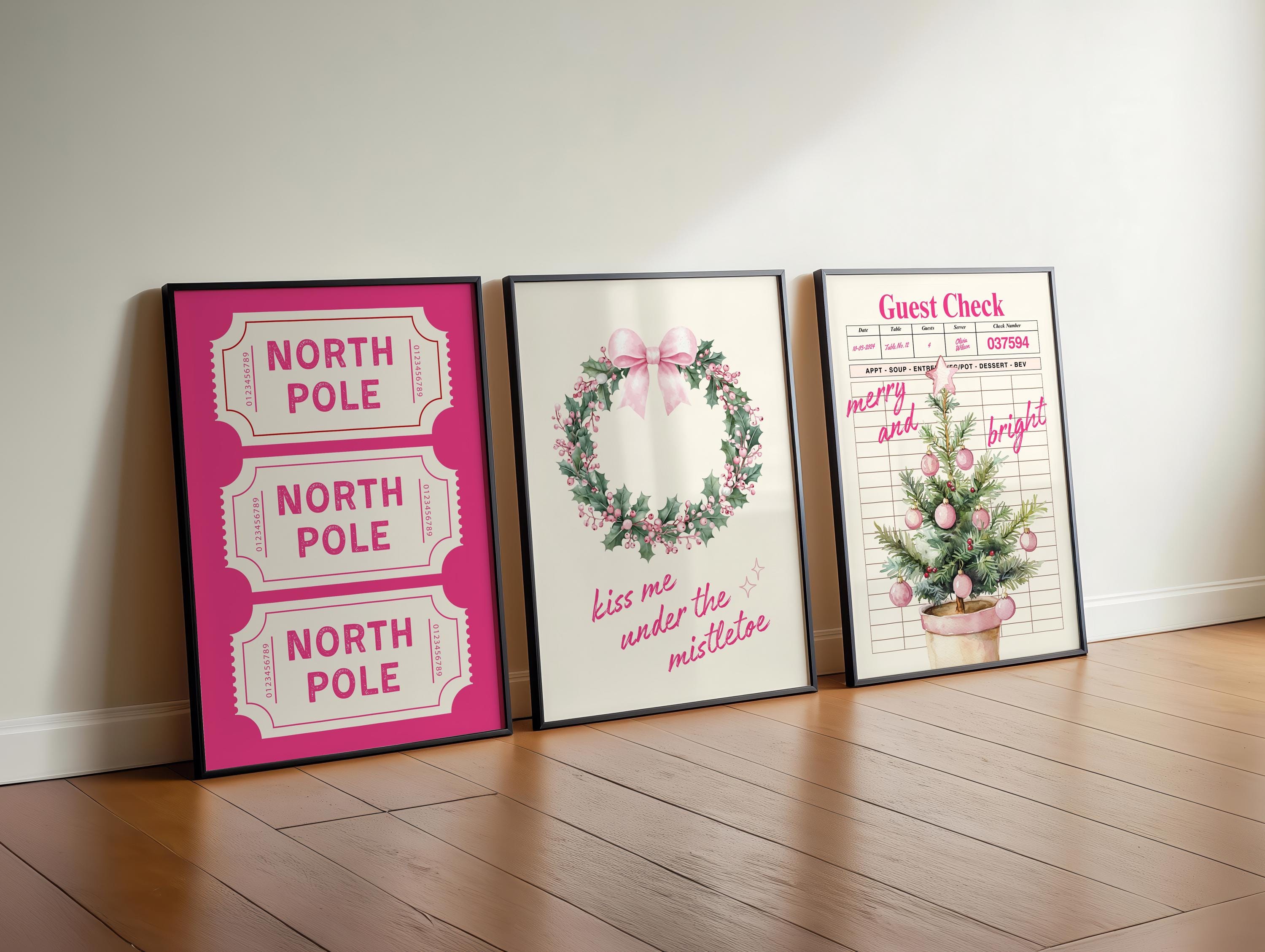 Pink Christmas North Pole Ticket Set of 3 Wall Art Trendy Poster Cute Girly Christmas Pink Guest Check Holiday Print Set Girly Winter Poster