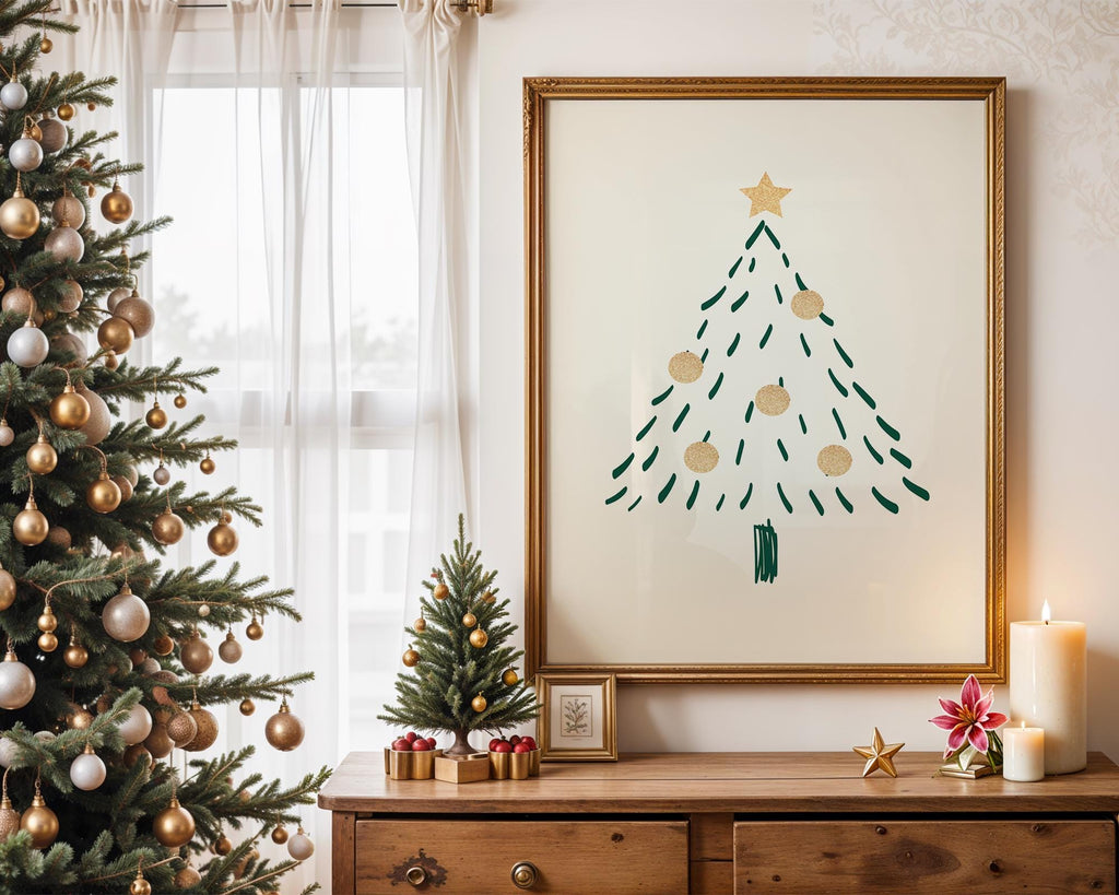 Minimalist Christmas Tree Wall Art, Neutral Holiday Print, Hand Drawn Winter Tree Poster, Modern Christmas Decor, Festive Digital Download