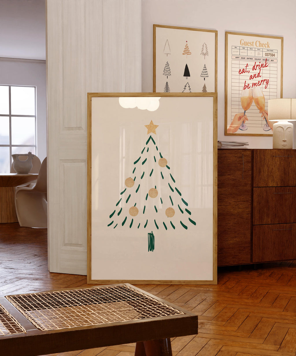 Minimalist Christmas Tree Wall Art, Neutral Holiday Print, Hand Drawn Winter Tree Poster, Modern Christmas Decor, Festive Digital Download