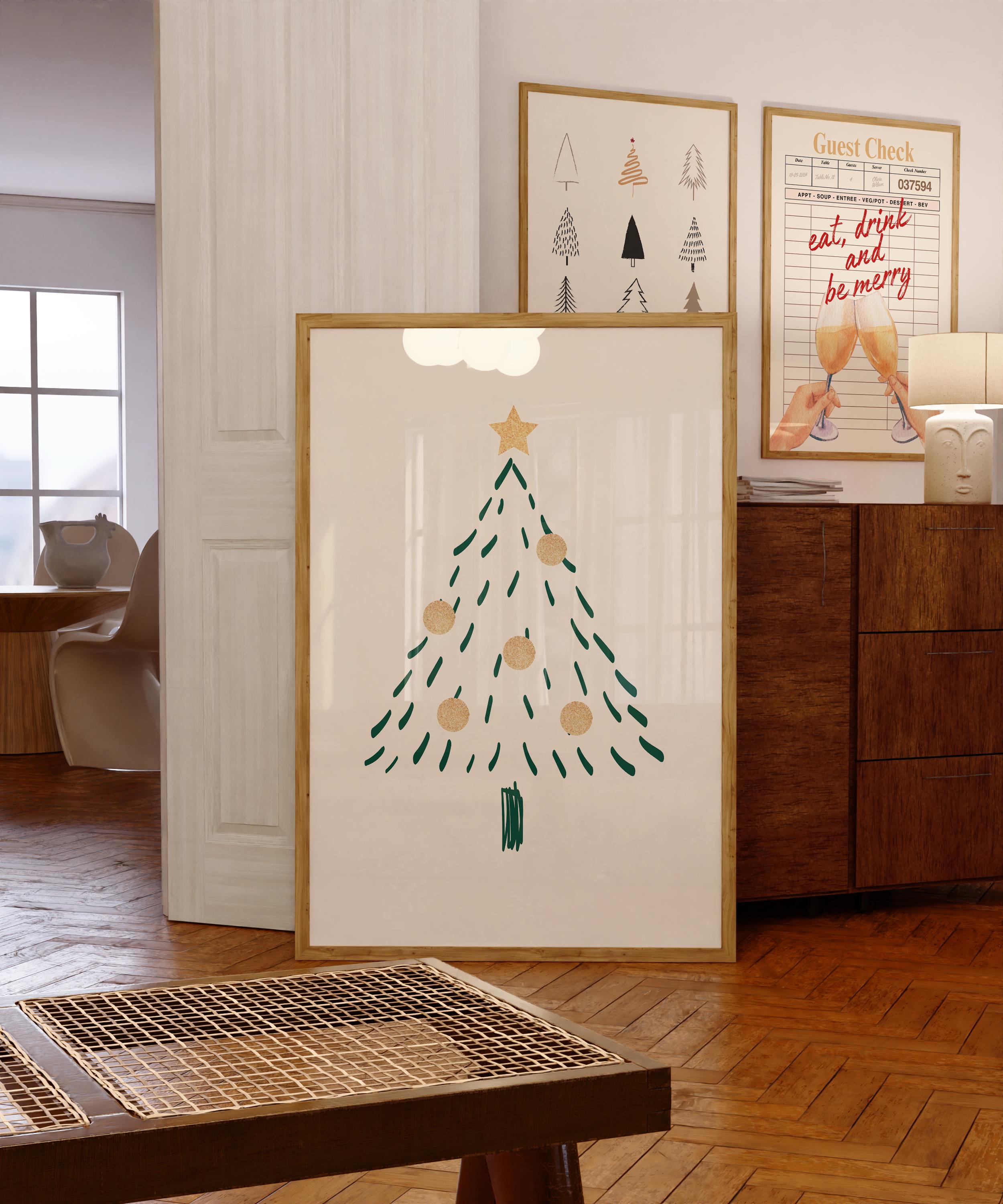 Minimalist Christmas Tree Wall Art, Neutral Holiday Print, Hand Drawn Winter Tree Poster, Modern Christmas Decor, Festive Digital Download