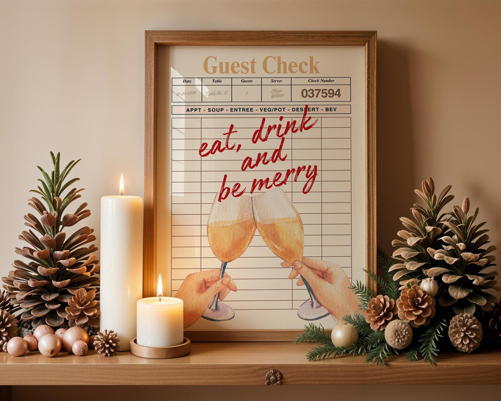Trendy Christmas Guest Check Print, Eat Drink and Be Merry Holiday Bar Cart Decor, Retro Cheers Guest Check Print Bar Cart Poster, DIGITAL